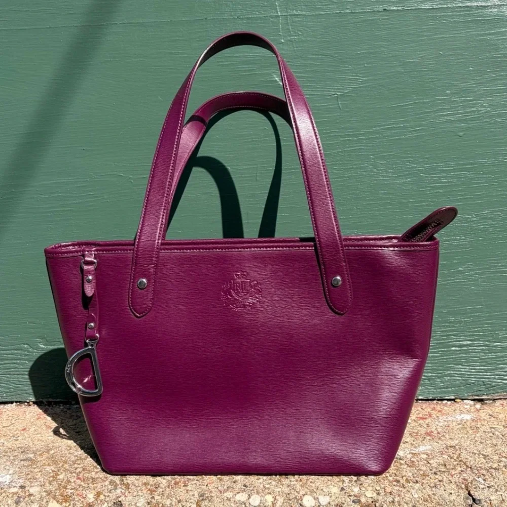 Ralph Lauren Purple Textured Leather Tote Bag Medium Logo Bag Charm Preppy
